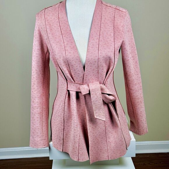 Unbranded Jackets & Blazers - Embossed Faux Suede Tie Waist Jacket Blush Pink Raw Edge Bonded Scuba Wrap Coat